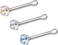 Forbidden Body Jewelry Set of 3 Nose Rings: 22g Sterling Silver CZ Simulated Diamond Micro Nose Studs