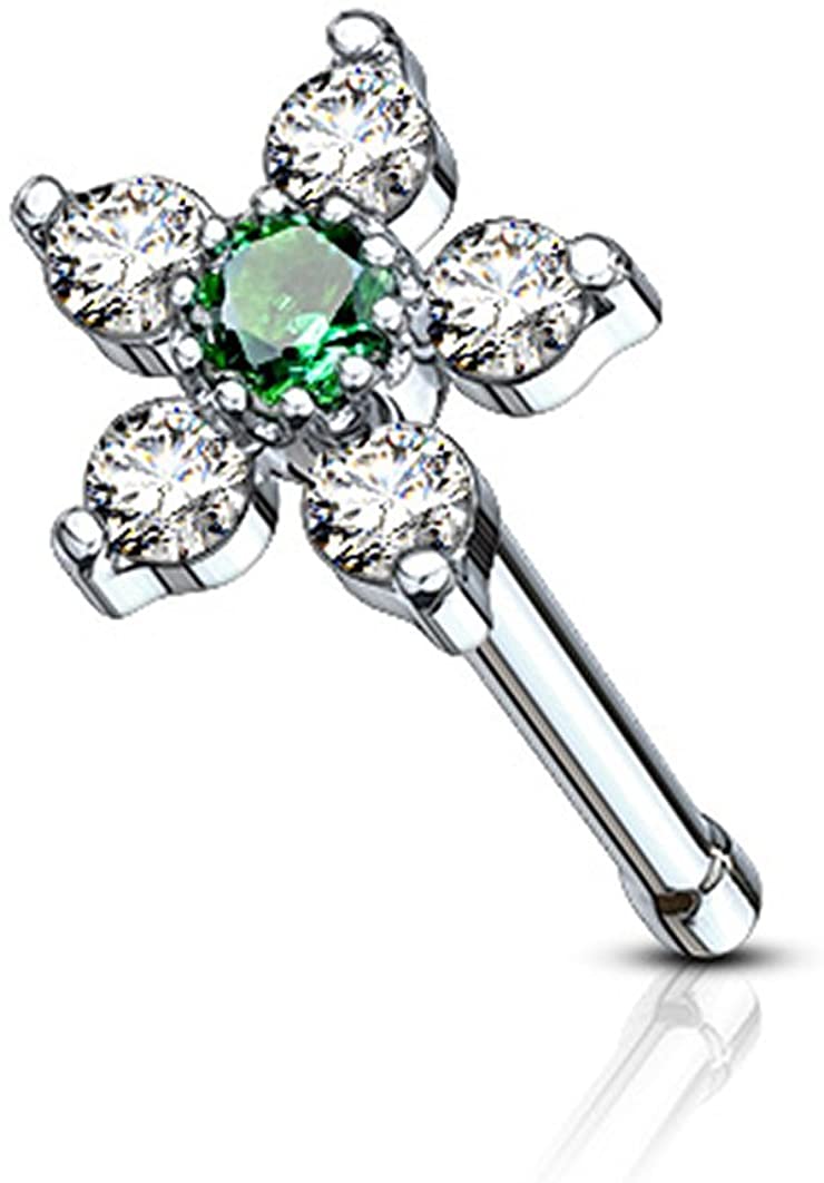 Forbidden Body Jewelry 20g Surgical Steel Nose Stud with Big Bling Two-Tone 6-CZ Crystal Flower Top