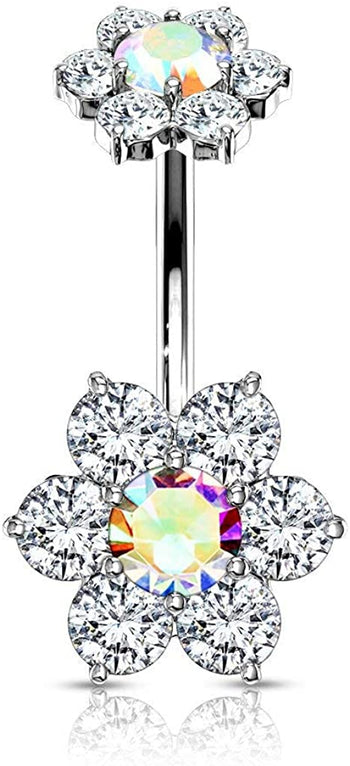 Forbidden Body Jewelry Surgical Steel Belly Button Ring with CZ Flower Design & Internally Threaded Matching Top