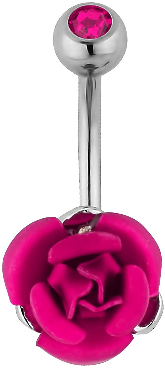 Forbidden Body Jewelry Surgical Steel Pink Metal Rose with Jeweled Barbell Belly Button Ring