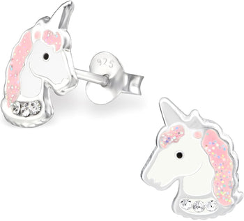 Hypoallergenic Sterling Silver Unicorn Stud Earrings for Girls (Nickel Free) (Crystal/Pink-Glitter)