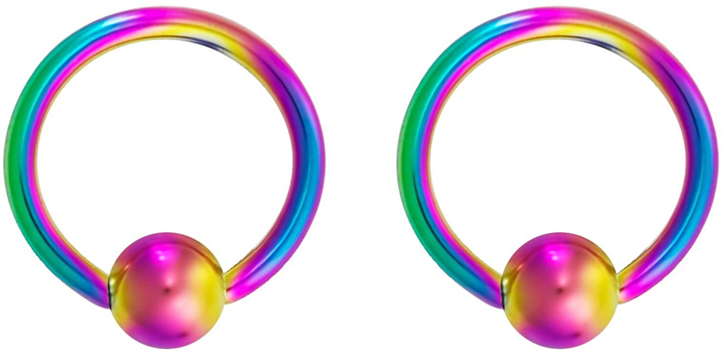 Pair 10g-20g Black/Rainbow Surgical Steel Captive Bead Body Piercing Hoops (Select Color/Gauge/Diameter)