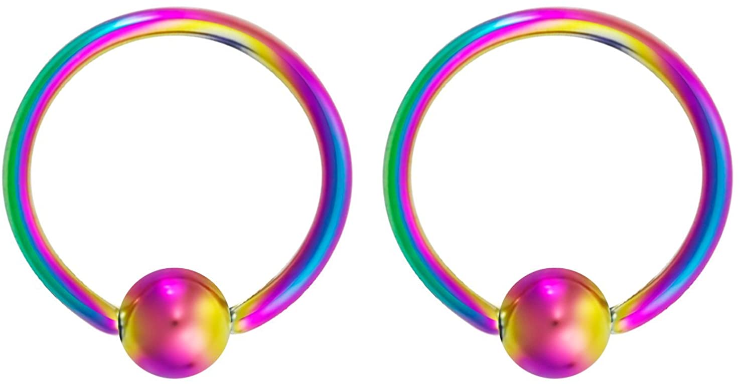 Pair 10g-20g Black/Rainbow Surgical Steel Captive Bead Body Piercing Hoops (Select Color/Gauge/Diameter)