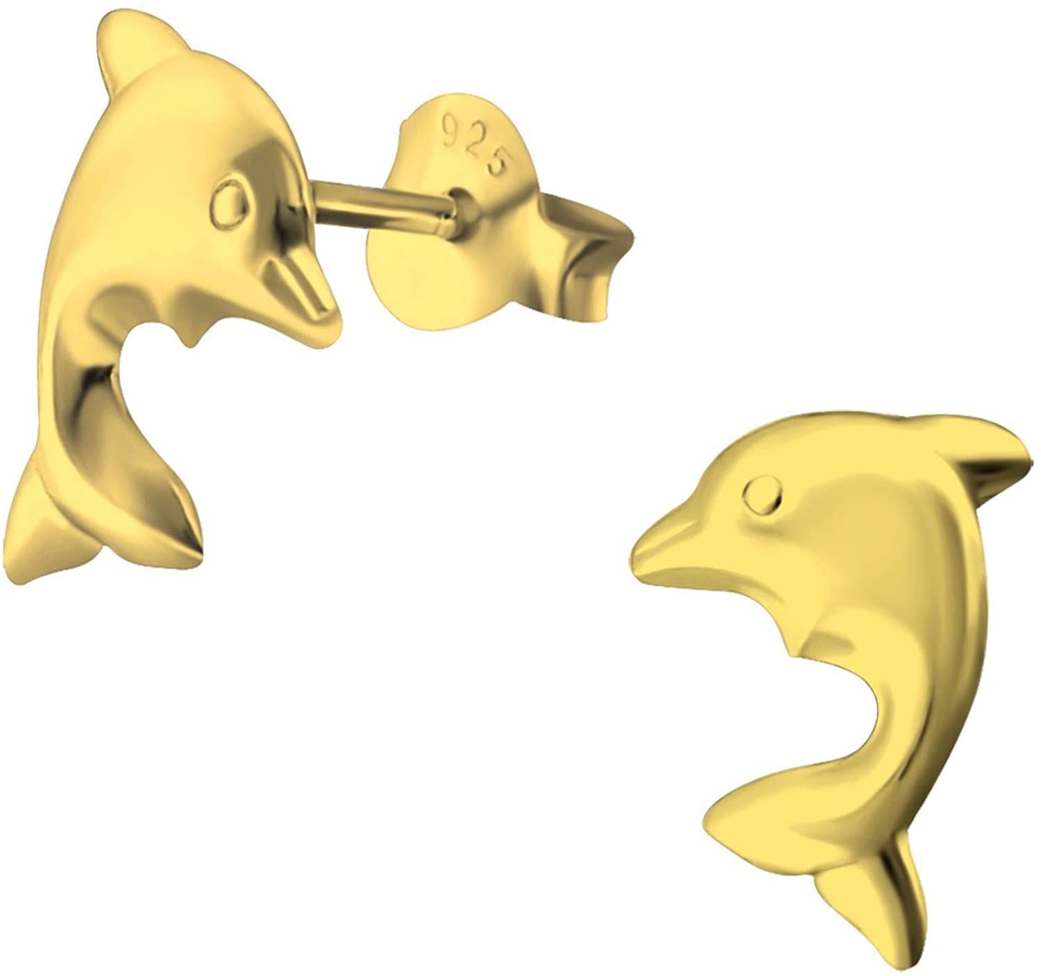 Hypoallergenic 14k Yellow Gold Plated Sterling Silver Dolphin Stud Earrings for Little Girls (Nickel Free)