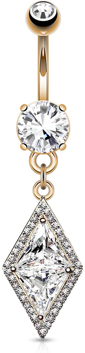 Forbidden Body Jewelry Surgical Steel Fancy Dia-Cut Pave CZ Triangle Dangle Belly Ring (Choose Color)