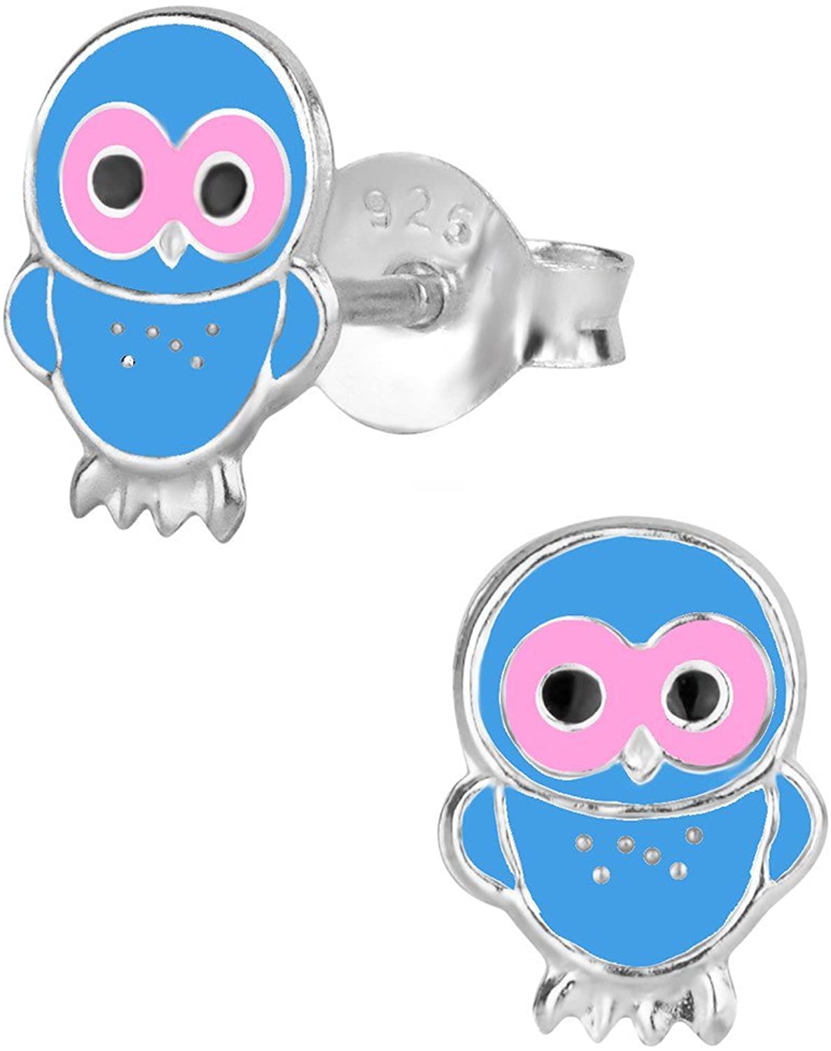 Hypoallergenic Sterling Silver Blue and Pink Owl Stud Earrings for Kids (Nickel Free)