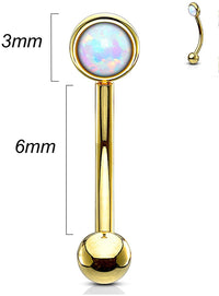 Forbidden Body Jewelry 16g Surgical Steel Synthetic Opal Flat Back Curved Barbell (6mm Gold/White)