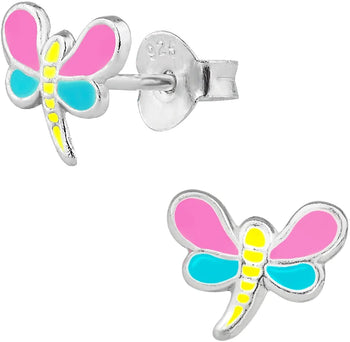 Hypoallergenic Sterling Silver Pink & Blue Dragonfly Stud Earrings for Kids (Nickel Free)