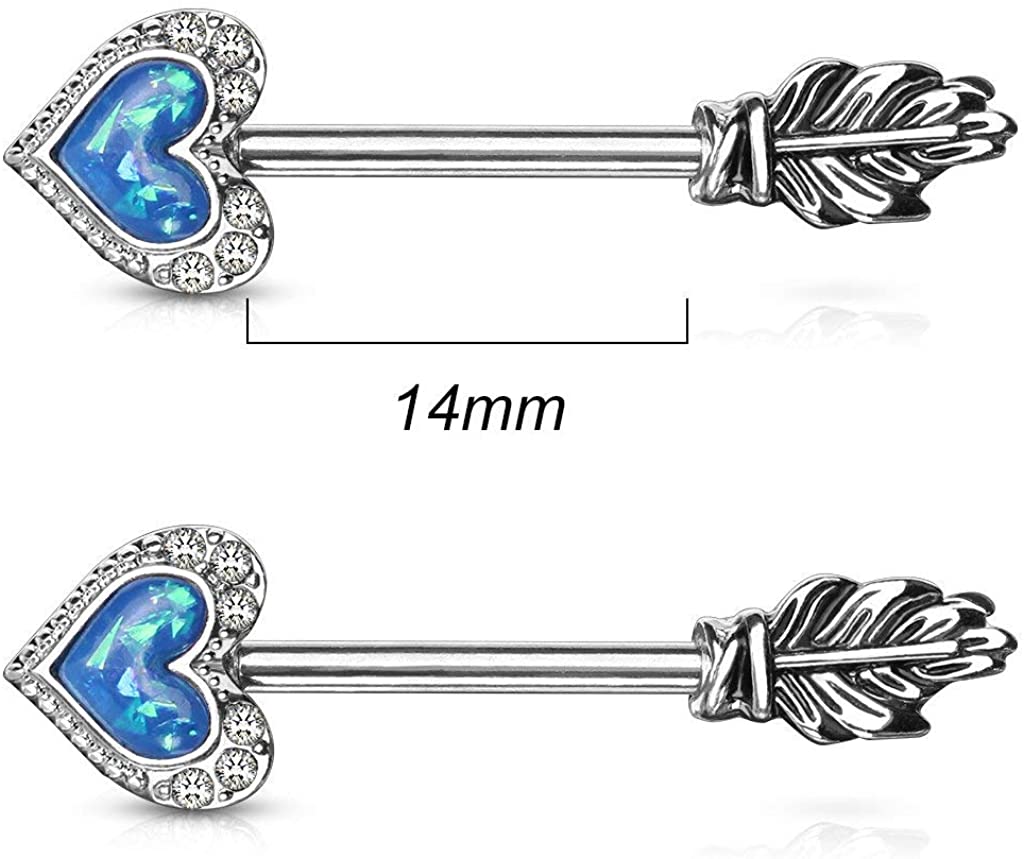 Forbidden Body Jewelry Pave CZ Opalite Heart & Feather Arrow Surgical Steel Nipple Barbells