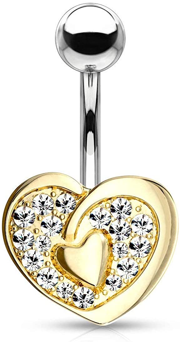 Forbidden Body Jewelry Surgical Steel Fancy Pave CZ Double Heart Belly Button Ring