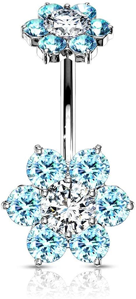 Forbidden Body Jewelry Surgical Steel Belly Button Ring with CZ Flower Design & Internally Threaded Matching Top