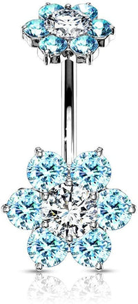 Forbidden Body Jewelry Surgical Steel Belly Button Ring with CZ Flower Design & Internally Threaded Matching Top