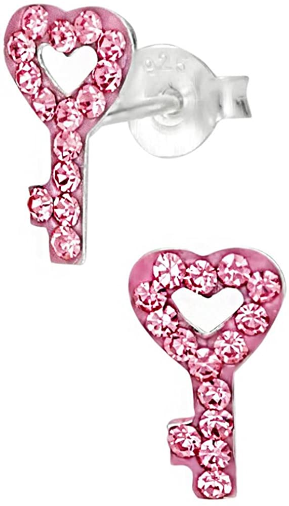 Hypoallergenic Sterling Silver Pink Crystal Heart Key Stud Earrings for Kids (Nickel Free)