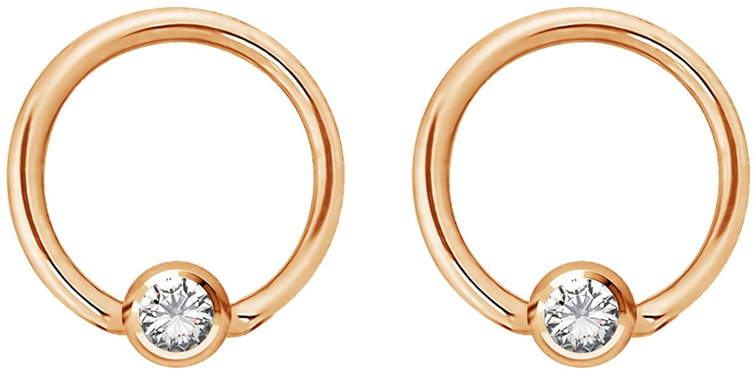 Pair 14g-20g Gold & Rose Gold Tone Surgical Steel CZ Gemmed Captive Bead Body Piercing Hoops (2pcs)