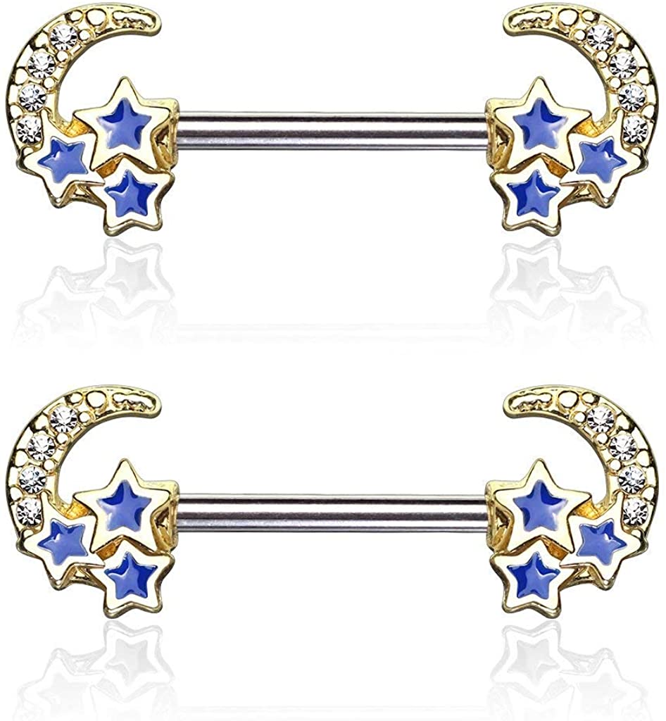 Forbidden Body Jewelry Pave CZ Celestial Moon & Stars 14g Surgical Steel Nipple Barbells (Choose Color)