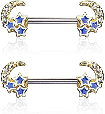 Forbidden Body Jewelry Pave CZ Celestial Moon & Stars 14g Surgical Steel Nipple Barbells (Choose Color)