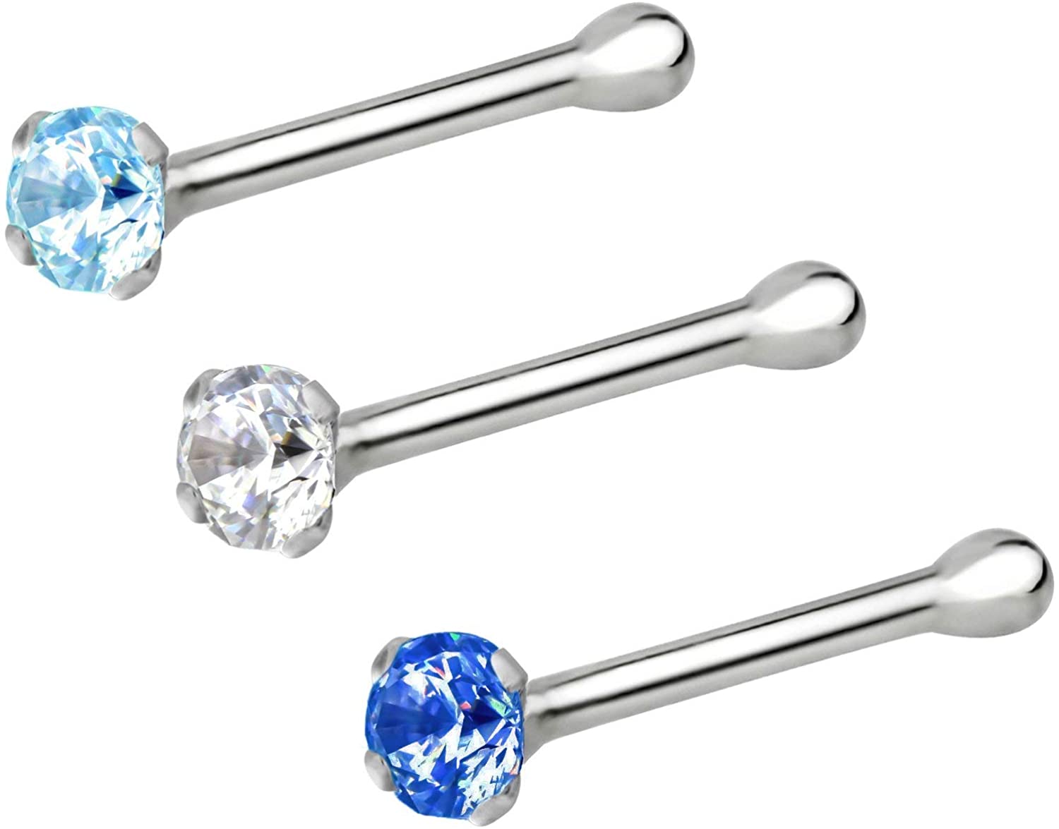 Forbidden Body Jewelry Set of 3 Nose Rings: 22g Sterling Silver CZ Simulated Diamond Micro Nose Studs