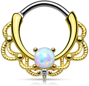 Forbidden Body Jewelry 16g Synthetic Opal Surgical Steel Filigree Lacey Detail Septum Hoop Clicker Ring