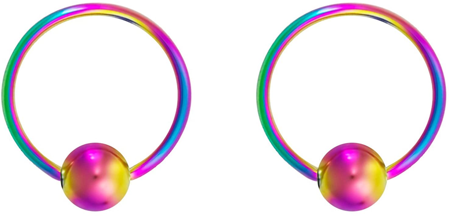 Pair 10g-20g Black/Rainbow Surgical Steel Captive Bead Body Piercing Hoops (Select Color/Gauge/Diameter)