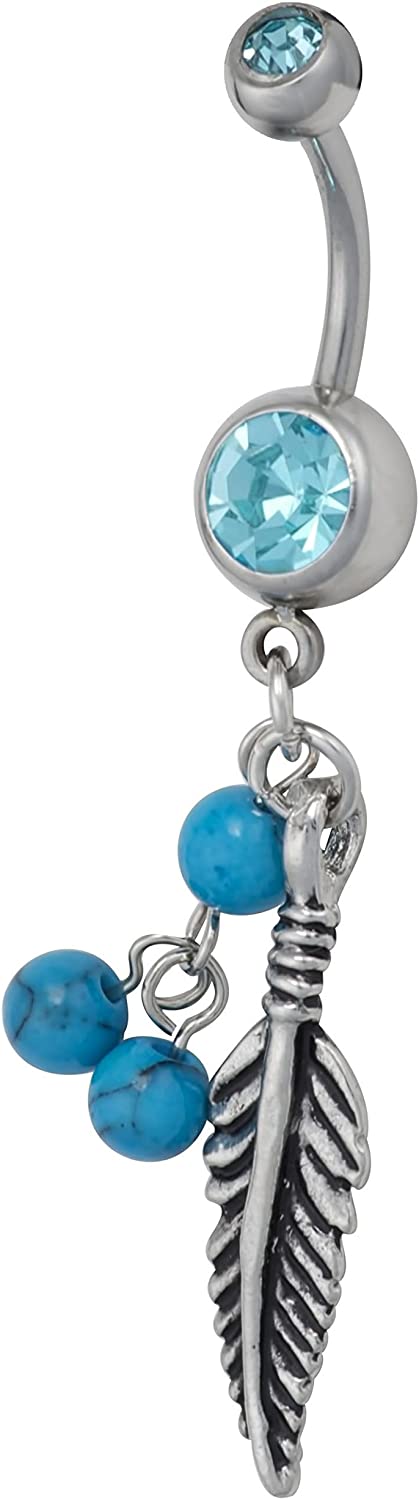 Surgical Steel Aqua CZ Jeweled Feather with Simulated Turquoise Stone Beads Dangle Belly Ring