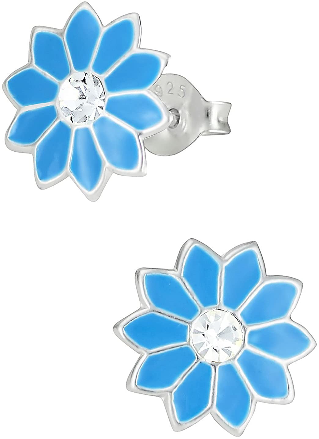 Hypoallergenic Sterling Silver Blue Flower with Crystal Stud Earrings for Kids (Nickel Free)