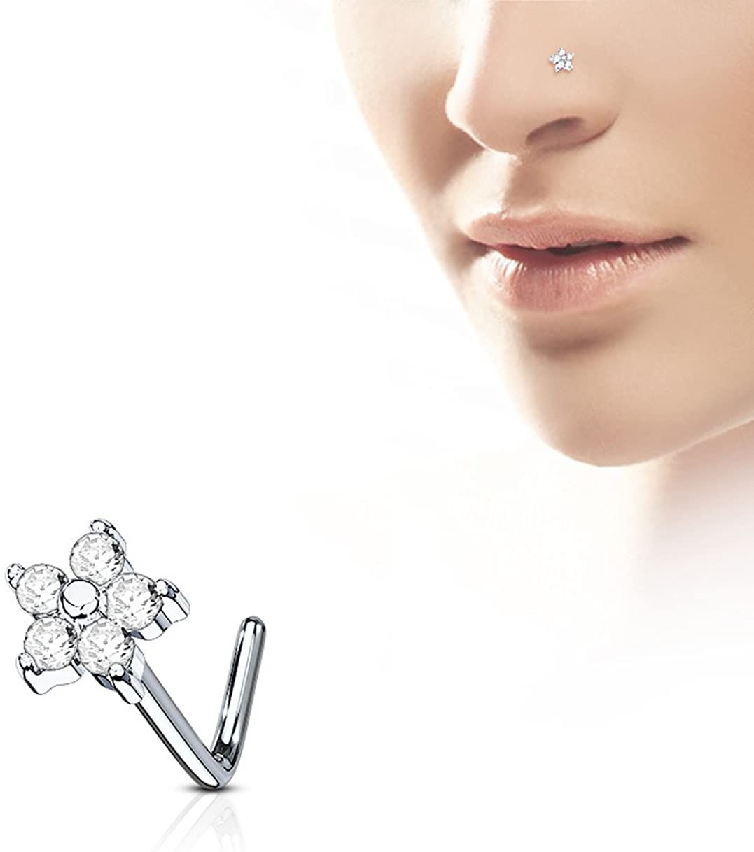 Forbidden Body Jewelry 20g Surgical Steel L Shaped Nose Ring with 5-CZ Flower Top