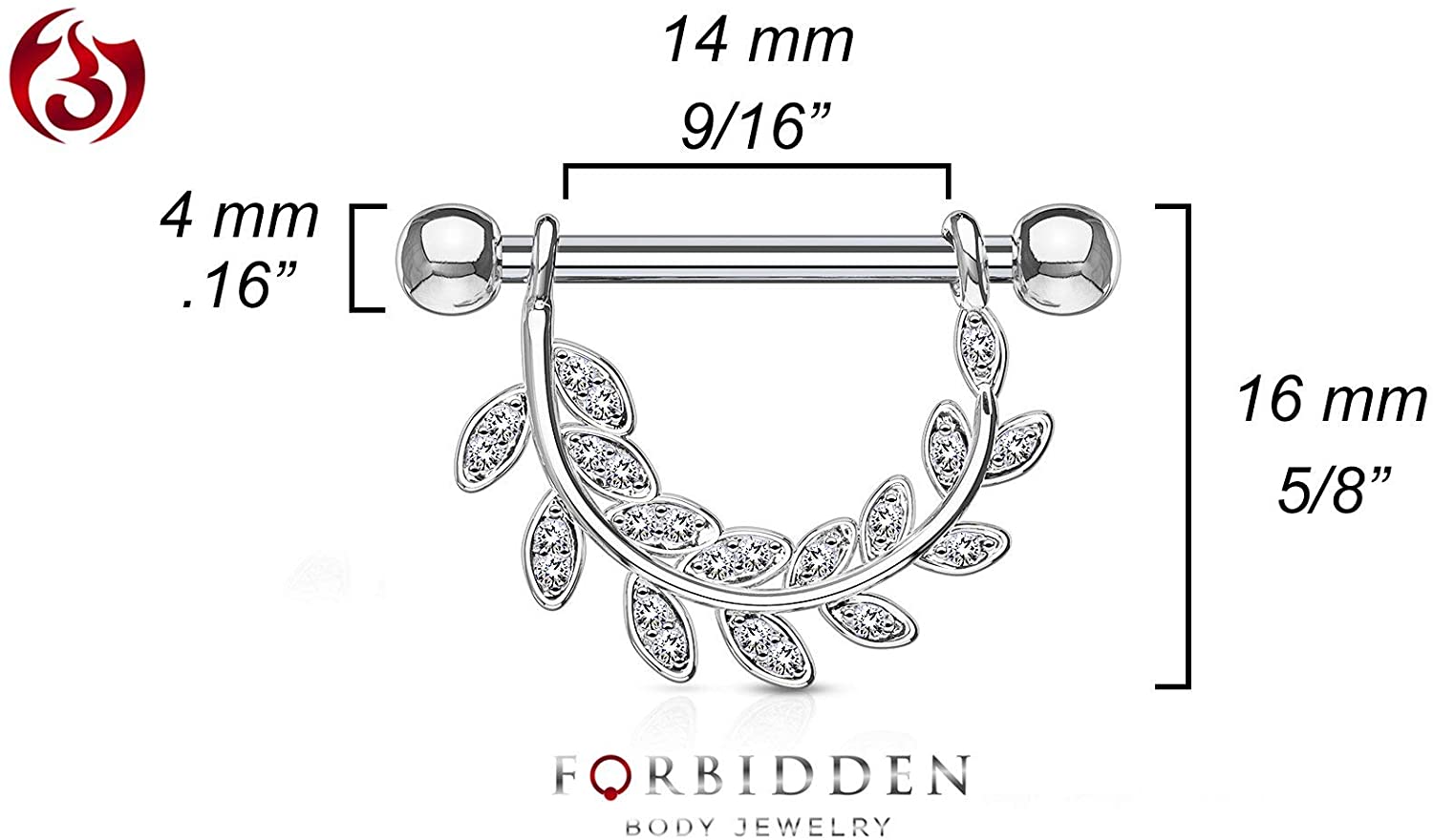 Forbidden Body Jewelry Pair of Surgical Steel 9/16 Inch (14mm) D-Ring Style Pave CZ Leaves Dangle Nipple Barbells