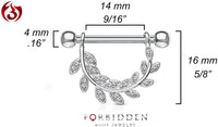 Forbidden Body Jewelry Pair of Surgical Steel 9/16 Inch (14mm) D-Ring Style Pave CZ Leaves Dangle Nipple Barbells