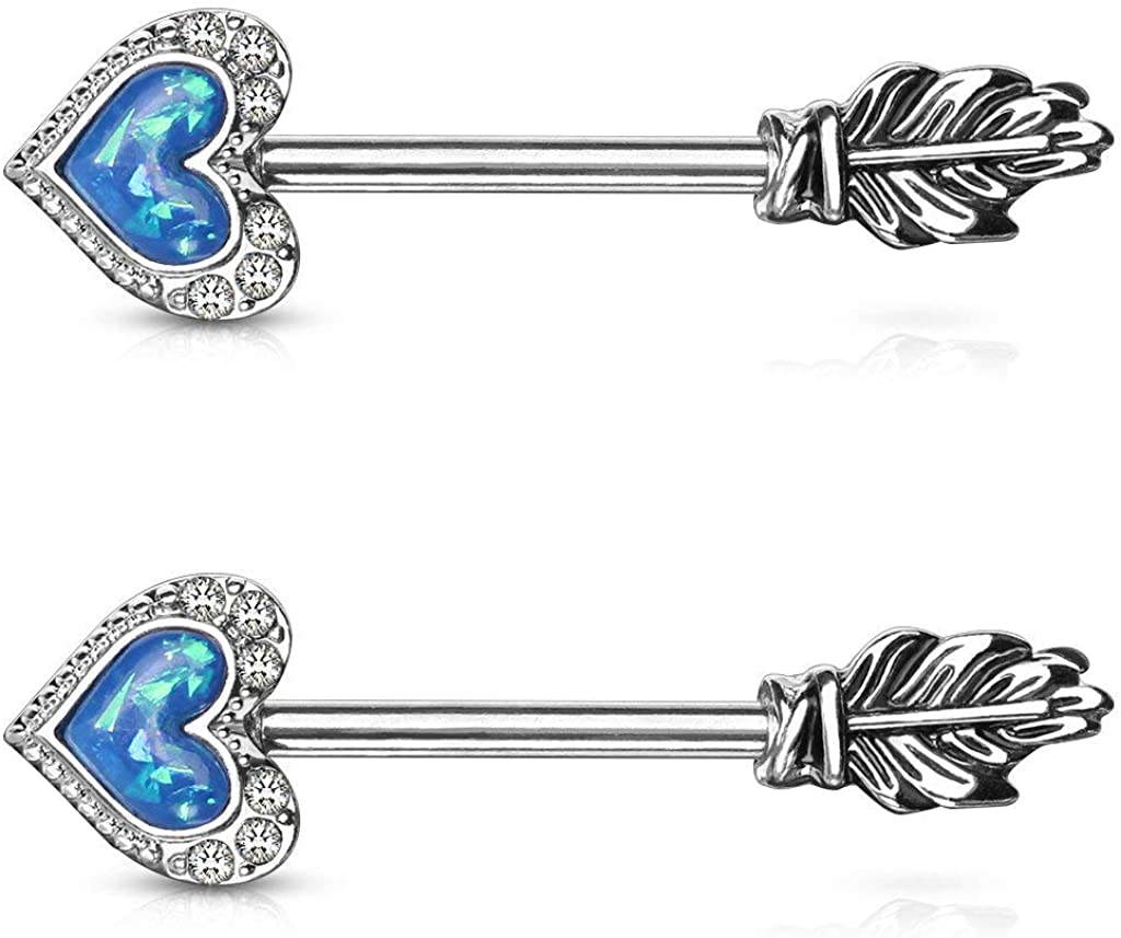 Forbidden Body Jewelry Pave CZ Opalite Heart & Feather Arrow Surgical Steel Nipple Barbells