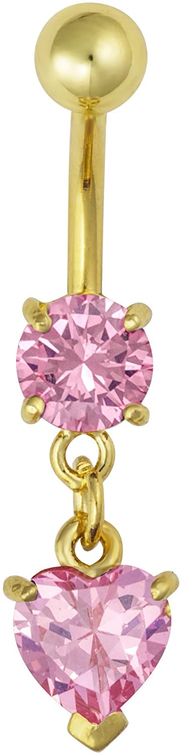 Forbidden Body Jewelry 14kt Gold Plated Surgical Steel Pink CZ Dangle Belly Button Ring with Crystal Heart Charm