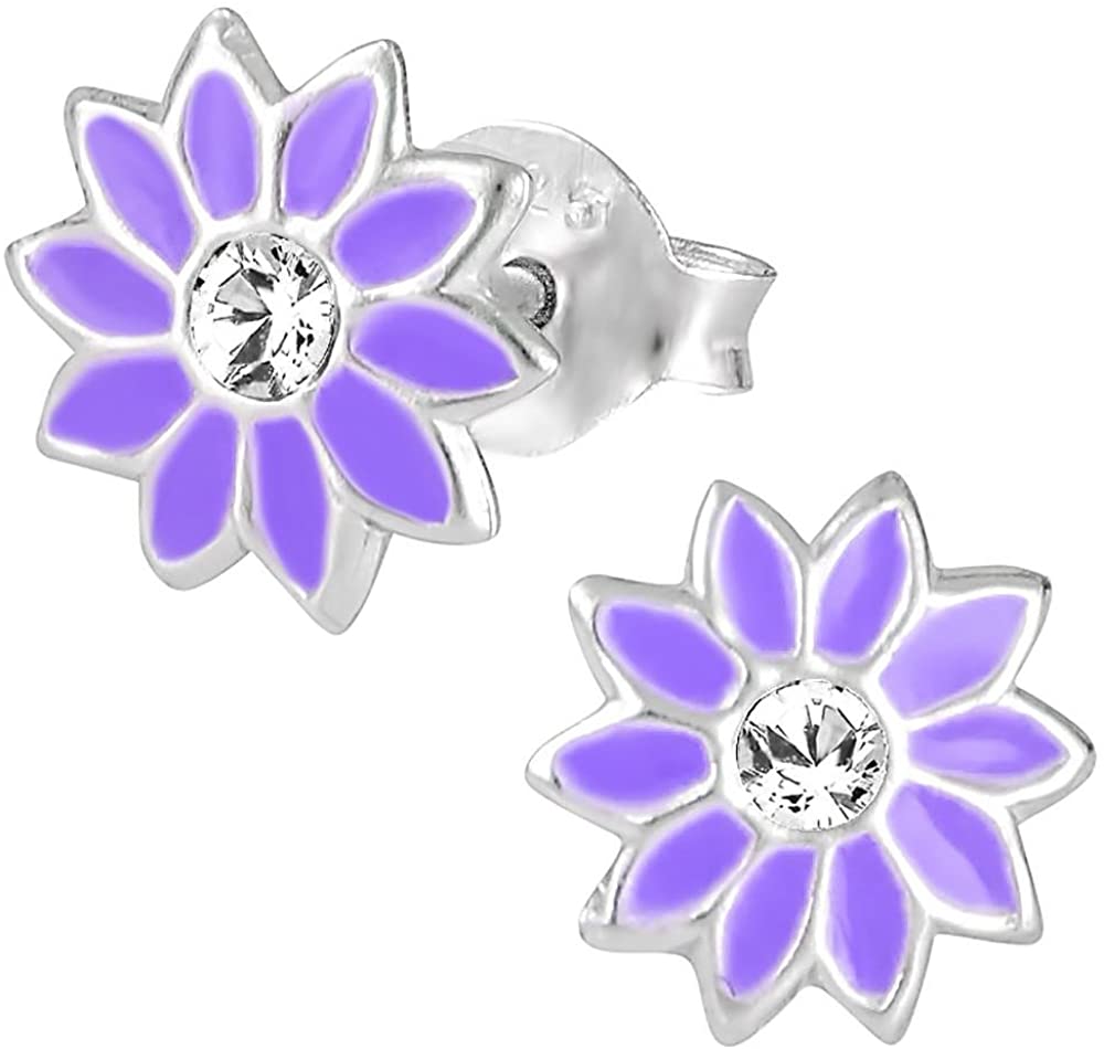 Hypoallergenic Sterling Silver Purple Jeweled Sun Flower Stud Earrings for Kids (Nickel Free)