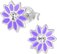 Hypoallergenic Sterling Silver Purple Jeweled Sun Flower Stud Earrings for Kids (Nickel Free)