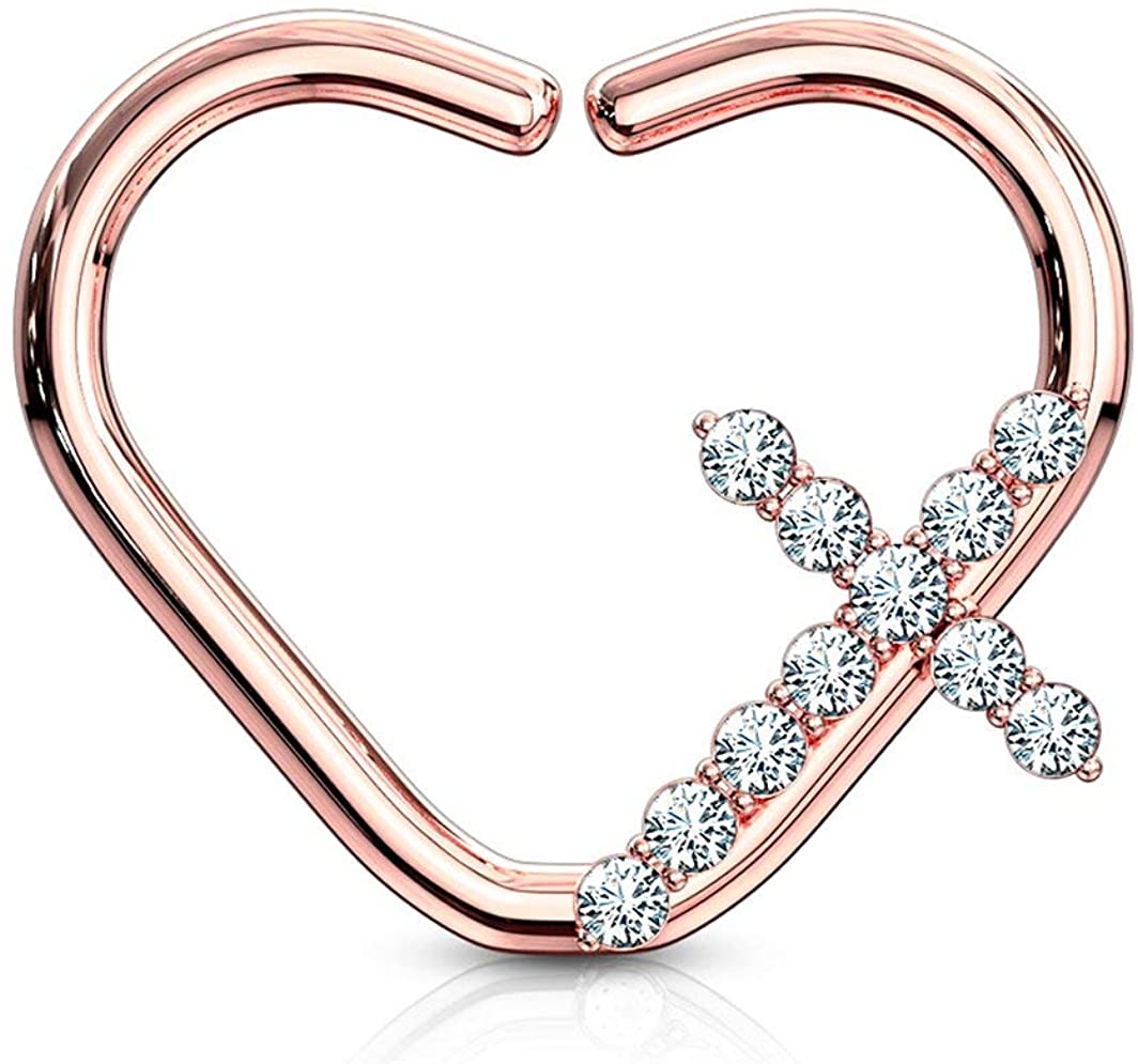 Forbidden Body Jewelry 16g Platinum & Gold Plated Heart w/CZ Cross Daith & Cartilage Hoop Earring