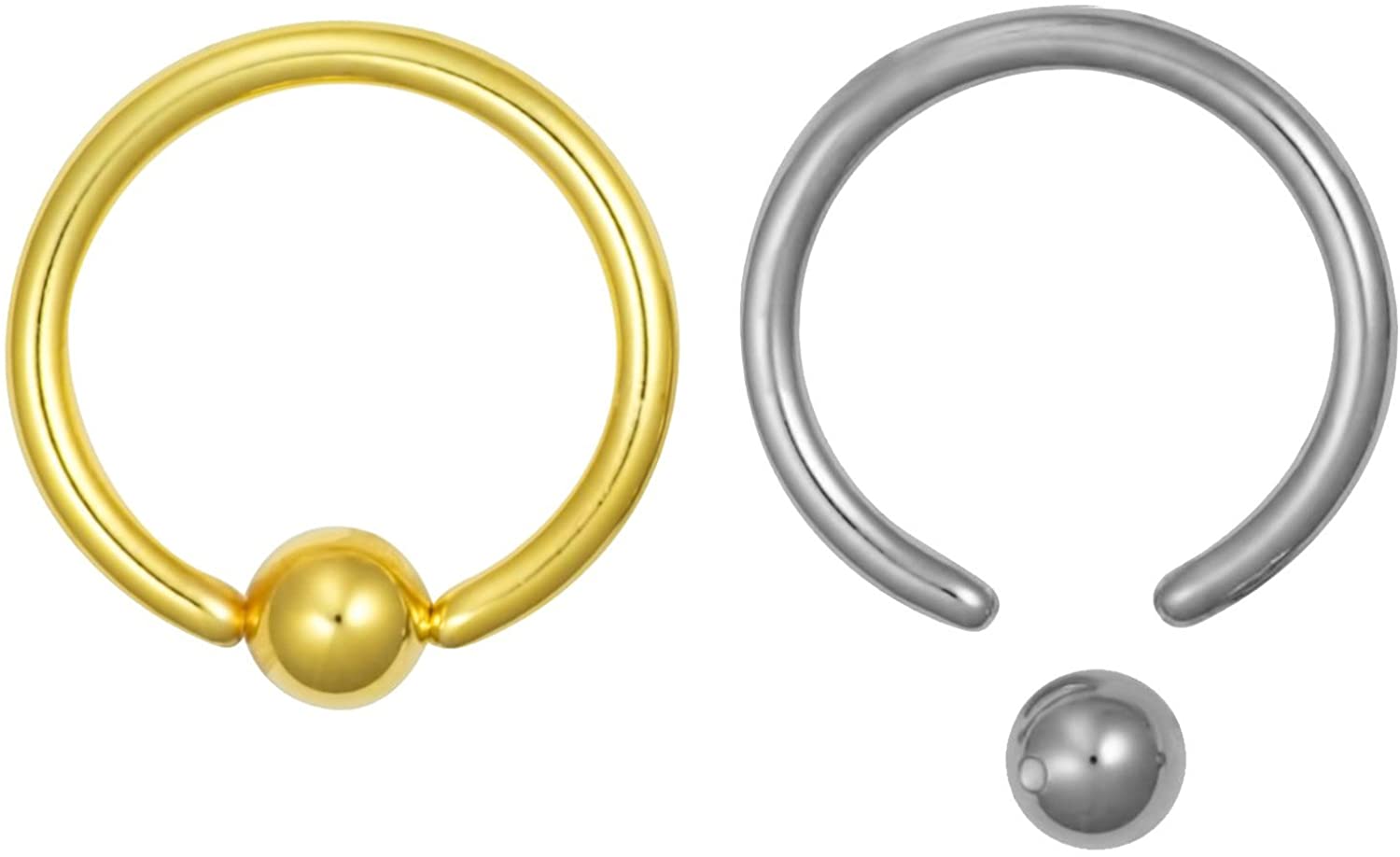 Set of 2: 14g 7/16 Inch 14k Yellow Gold Plated & Steel Captive Bead Hoop CBR Body Jewelry