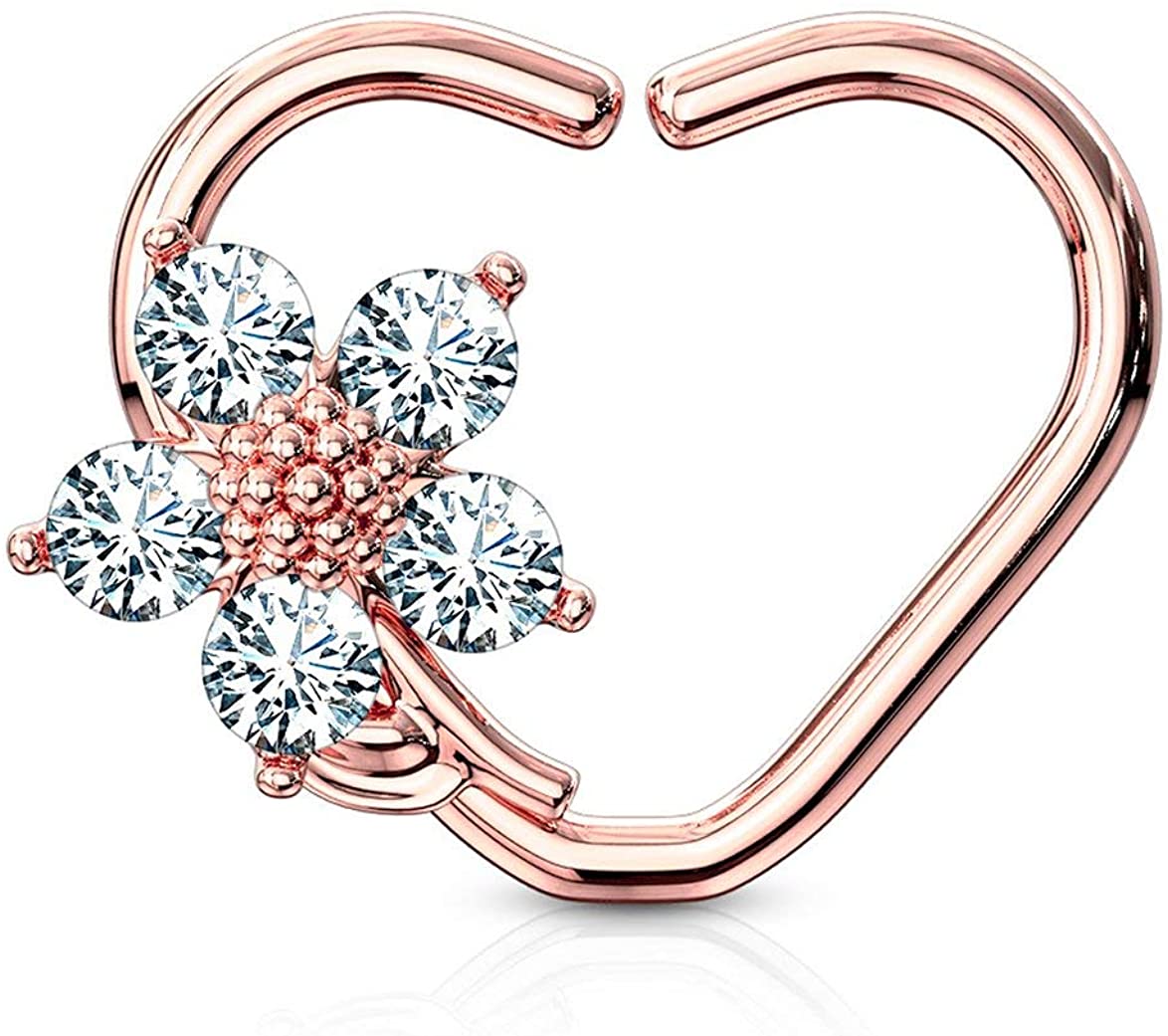 Forbidden Body Jewelry 16g Platinum & Gold Plated Heart w/CZ Flower Daith & Cartilage Hoop Earring