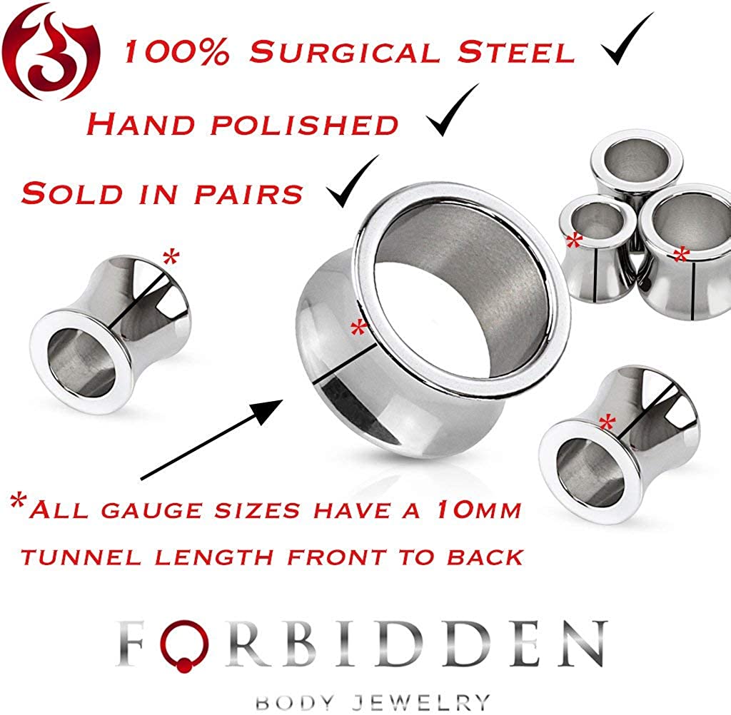 Forbidden Body Jewelry 8/6/4/2/0/00G & 1/2-1 Inch Hand Polished Surgical Steel Saddle Fit Tunnel Plugs