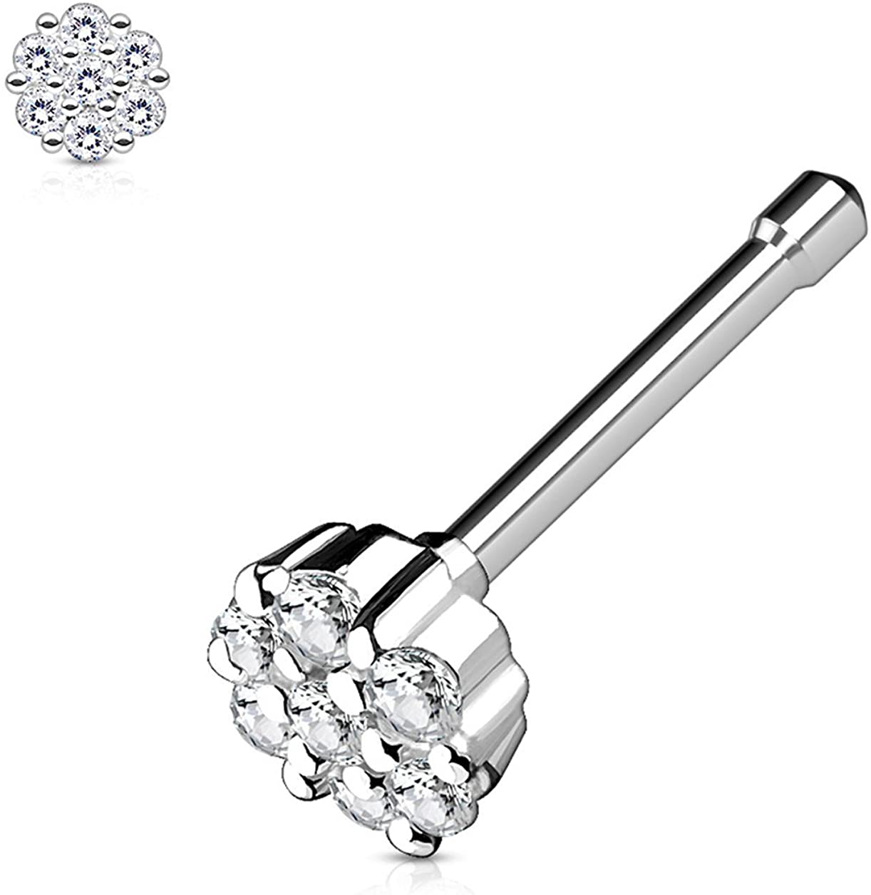 Forbidden Body Jewelry 20g Surgical Steel Nose Stud with 7-CZ Pave Crystal 4mm Top