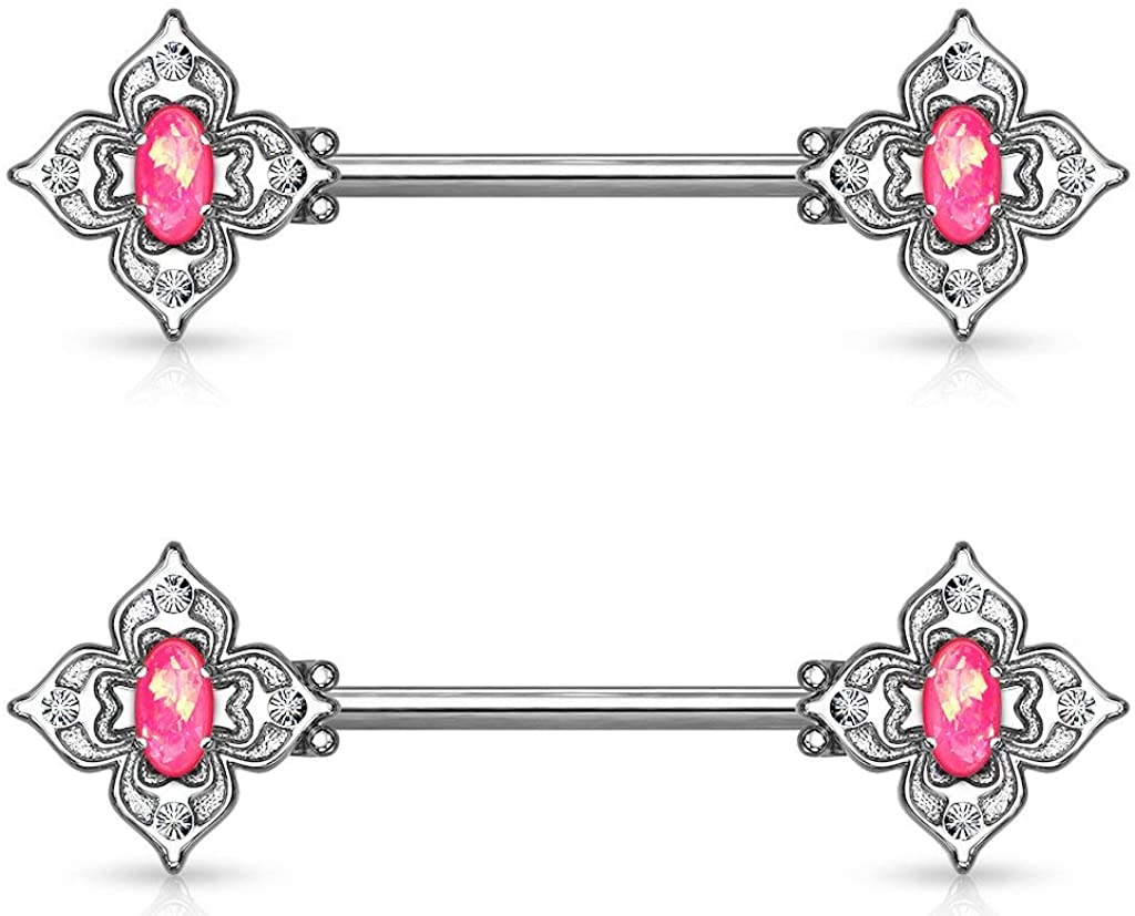 Forbidden Body Jewelry Pair of Surgical Steel 9/16 Inch (14mm) Posh Floral Synthetic Opal Center Nipple Barbells