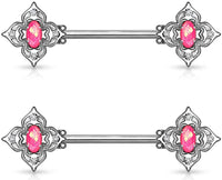 Forbidden Body Jewelry Pair of Surgical Steel 9/16 Inch (14mm) Posh Floral Synthetic Opal Center Nipple Barbells