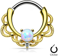 Forbidden Body Jewelry 16g Synthetic Opal Surgical Steel Filigree Lacey Detail Septum Hoop Clicker Ring