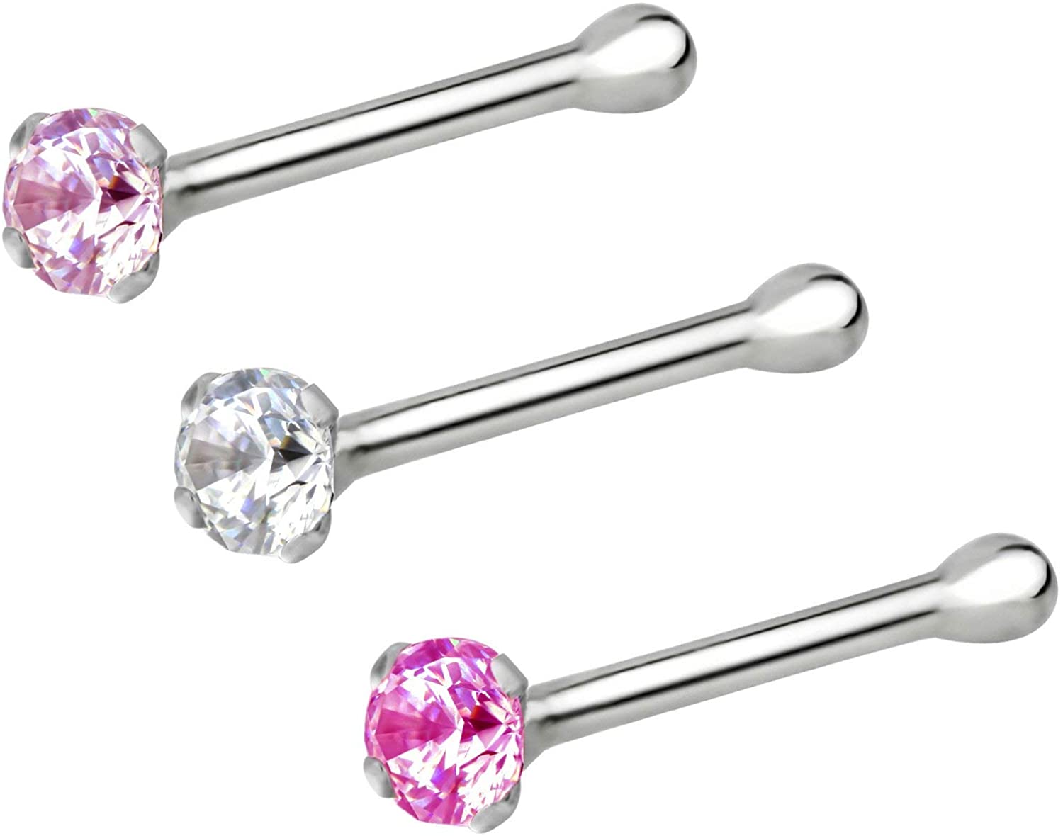 Forbidden Body Jewelry Set of 3 Nose Rings: 22g Sterling Silver CZ Simulated Diamond Micro Nose Studs