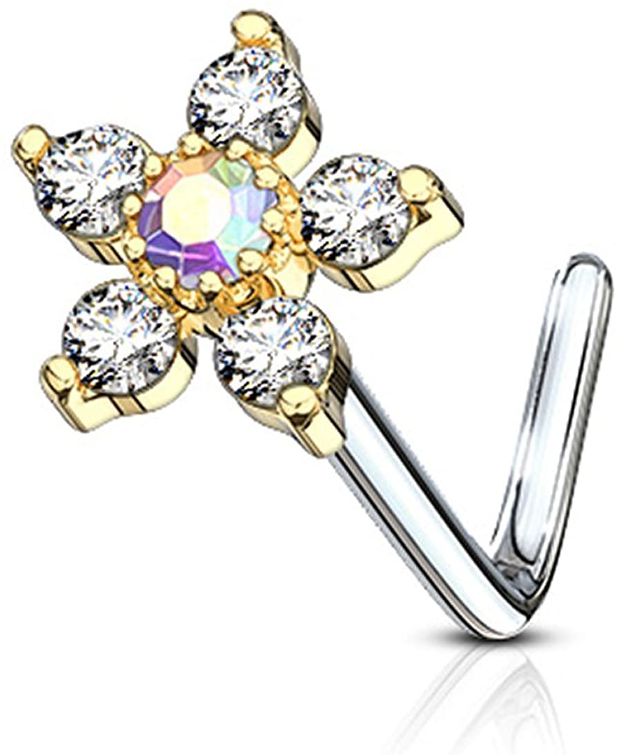 Forbidden Body Jewelry 20g Surgical Steel L Shaped Nose Ring with Large Two-Tone 6-CZ Crystal Flower Top