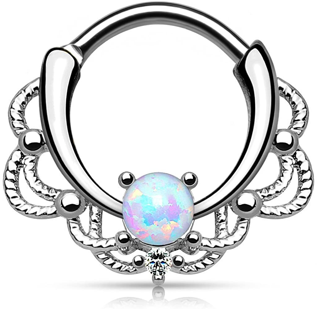 Forbidden Body Jewelry 16g Synthetic Opal Surgical Steel Filigree Lacey Detail Septum Hoop Clicker Ring