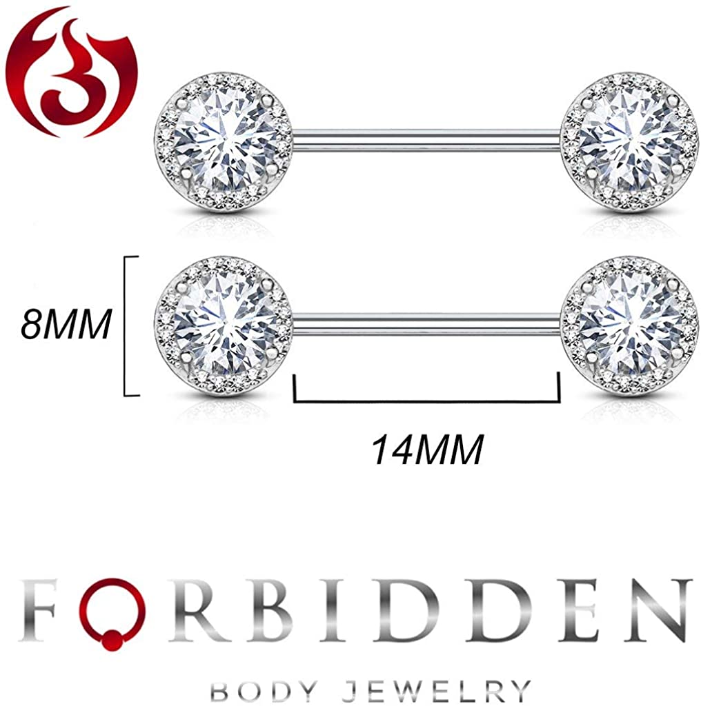 Forbidden Body Jewelry Fancy CZ Halo Frame Surgical Steel Nipple Barbells Set