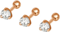 Forbidden Body Jewelry Set of 3 Cartilage Studs: 16g 6mm Surgical Steel Rose Gold Plated 4mm CZ Crystal Studs