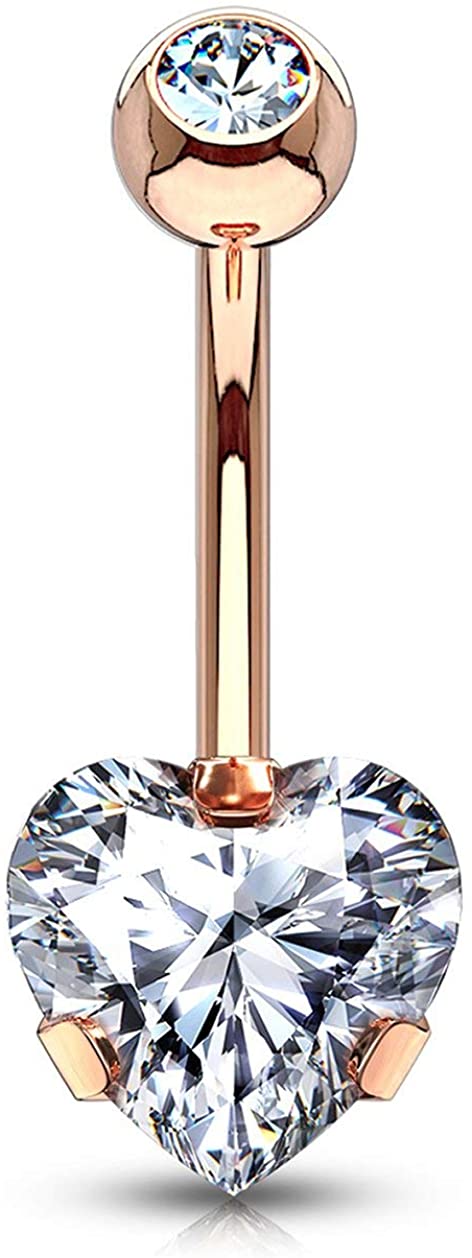 Forbidden Body Jewelry 14g Tri-Prong Heart Shaped CZ Solitaire Belly Button Ring