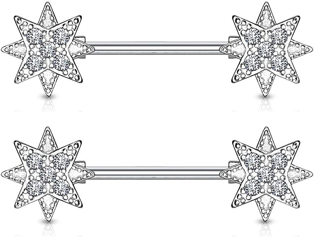 Forbidden Body Jewelry 14mm Surgical Steel CZ Supernova Star Nipple Barbells Pair