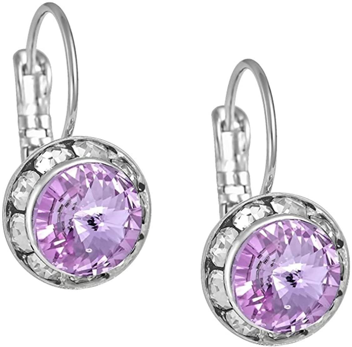 Austrian Crystal Silver Tone Framed Violet Lever Back Earrings for Women