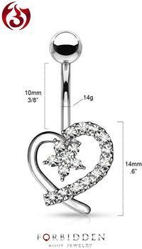 Forbidden Body Jewelry Surgical Steel Pave CZ Hollow Heart Belly Button Ring with CZ Flower Center