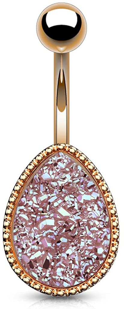 Forbidden Body Jewelry Rhodium Plated Surgical Steel Belly Button Ring with Synthetic Tear Drop Druzy Stone